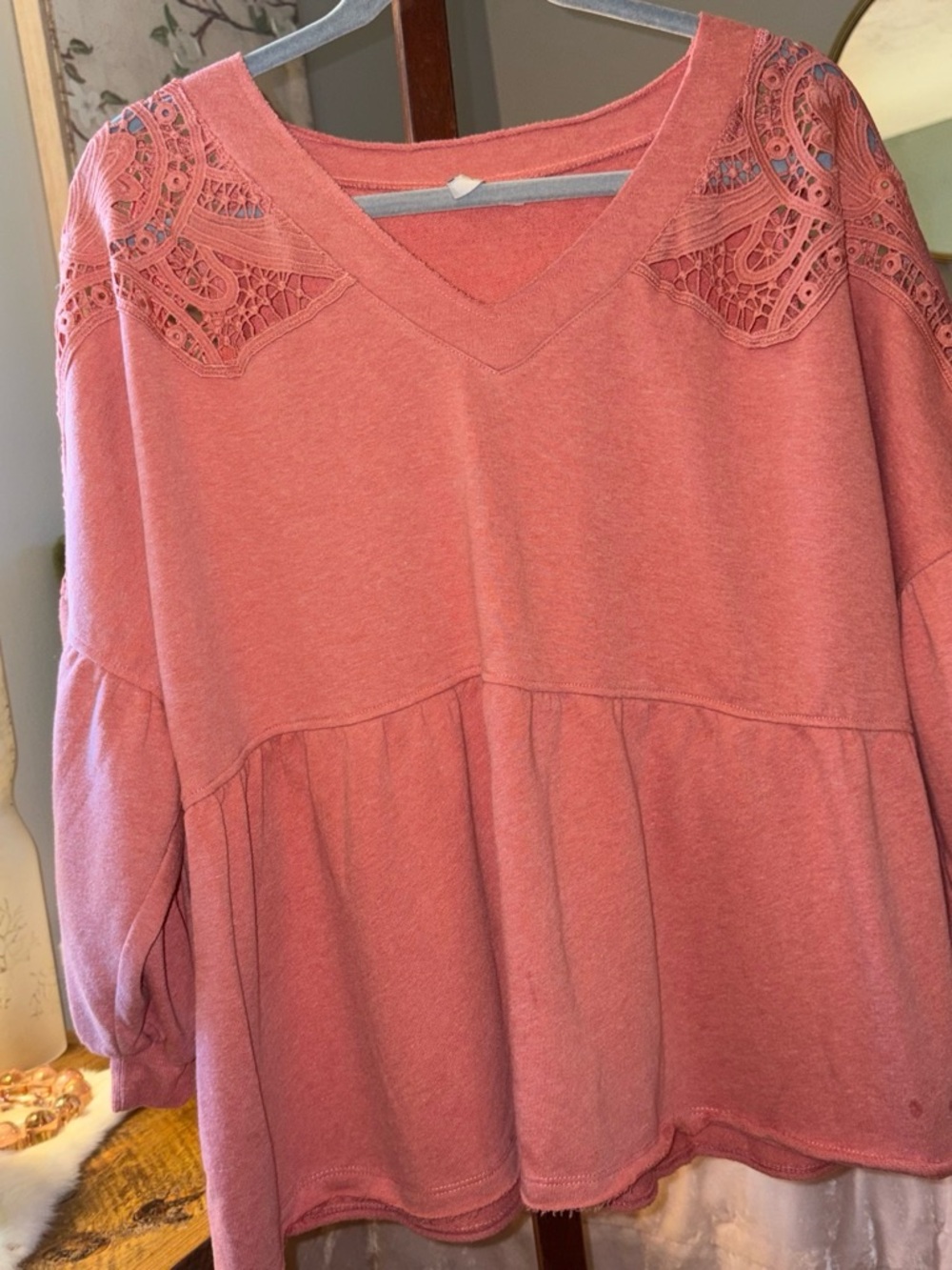Women's coral Lace-Shoulder V-Neck Peplum Top